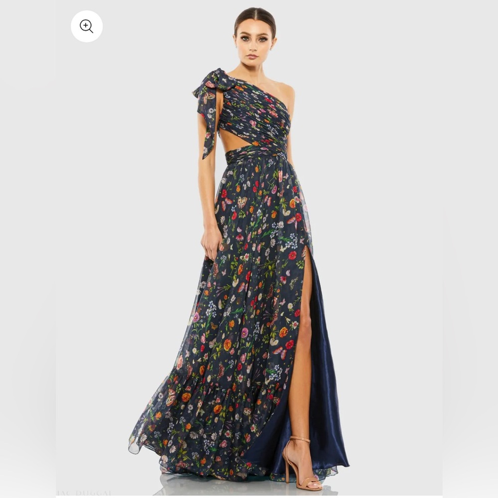 NWT Mac Duggal Navy Tied 1-Shoulder Cut-Out Flowy Gown Multicolor Floral Chiffon